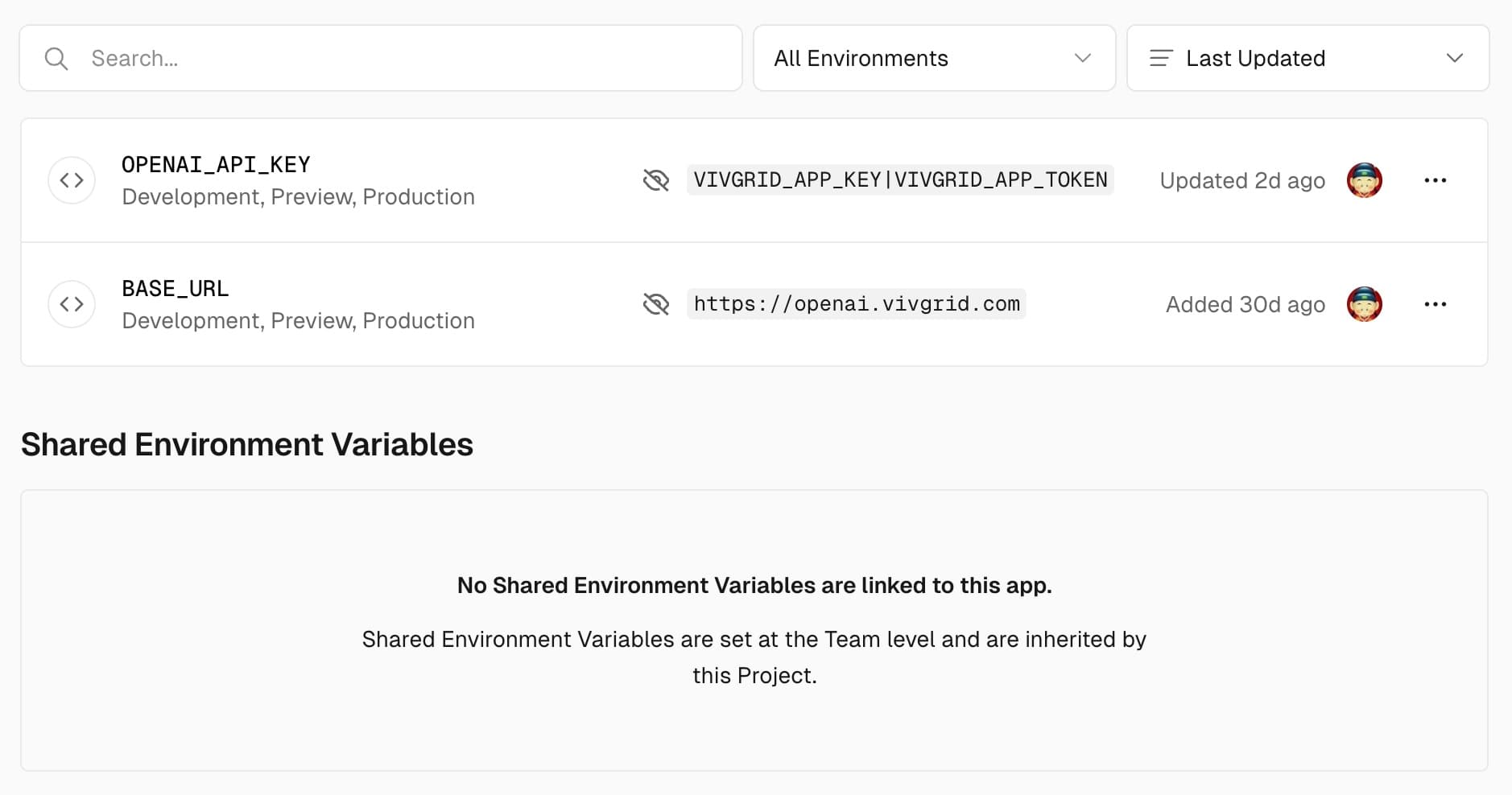 Vercel - Environment Variables Settings Page